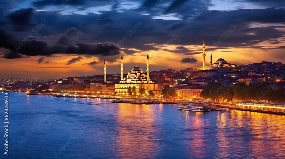 Blue Mosque and Bosporus panorama, Istanbul, Turkey Generative AI