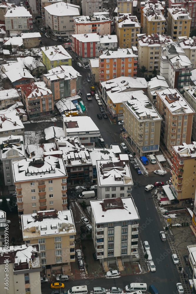 top view of Snowfall on buildings in istanbul city 