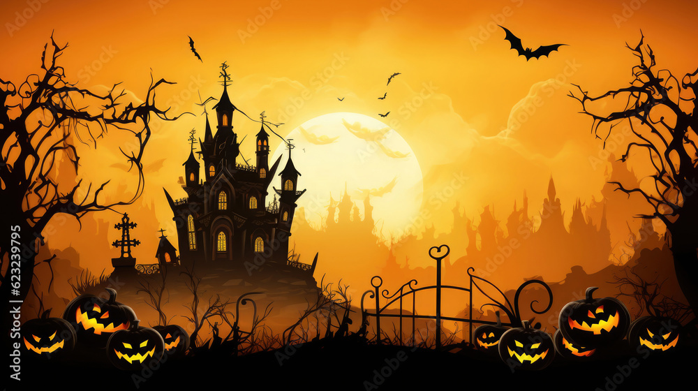 Silhouette of haunted house, bats and spooky trees on orange background. Halloween design. Created with Generative AI Silhouette of haunted house, bats and spooky trees on orange background. Halloween design. Created with Generative AI