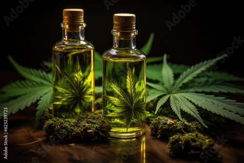 Cannabis green leaves and cbd extract in bottle. Light drugs for medicine. Medical marijuana concept. Created with Generative AI