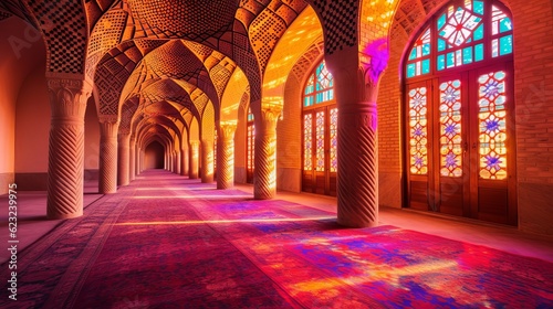 Nasir Al-Mulk Mosque in Shiraz, Iran, also known as Pink Mosque Generative AI photo