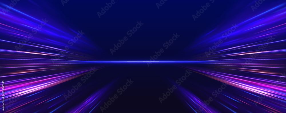 Panoramic high speed technology concept, light abstract background. Image of speed motion on the road. Abstract background in blue and purple neon glow colors. 