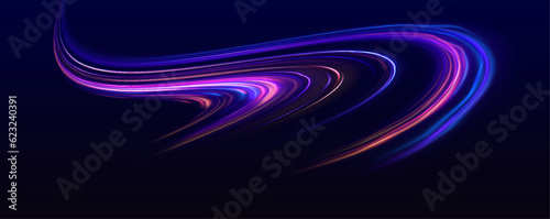 Vector speed of light in space on dark background. Abstract background in blue, yellow and orange neon colors. Magic of moving fast lines. Laser beams, horizontal light rays. Particle motion effect. 