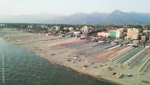 Aerial view of Lido di Camaiore and Viareggio Beach at summer sunset, Tuscany