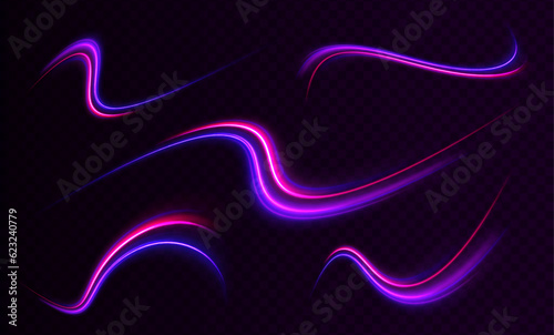Abstract image of speed motion on the road. Vector glitter light fire flare trace. Dark blue abstract background with ultraviolet neon glow, blurry light lines, waves
