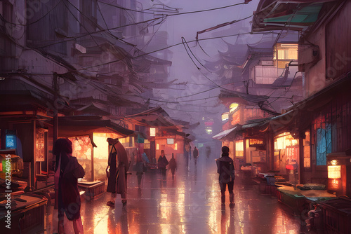 Korean street on a rainy day. Generative Al