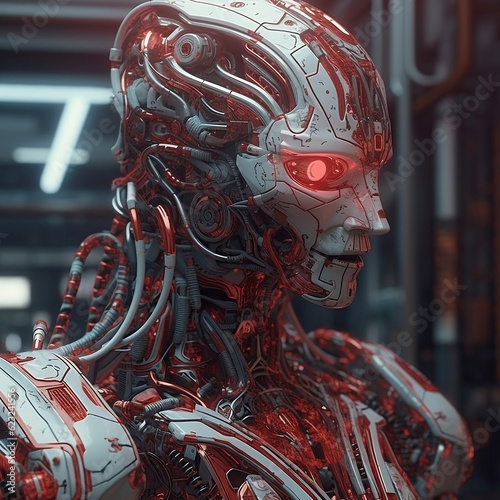 Side view of a humanoid, representing futuristic technology and artificial intelligence.  photo