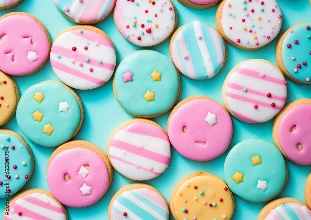 Colorful pastel tasty Christmas cookies on a minimal background. Generative AI.
