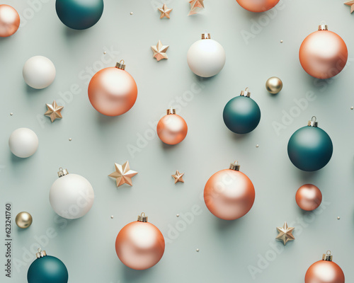 Creative festive flat lay composition with multicolored pastel Christmas balls arranged on a minimal background. Generative AI.
