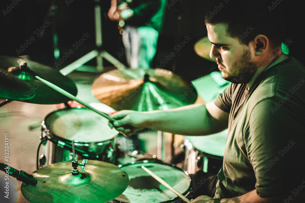 Drum music band drummer artist have solo live performance on a stage