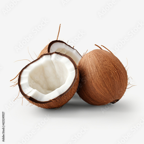 Illustration, AI generation. Coconuts on a white background. Whole and half nuts. Isolate.
