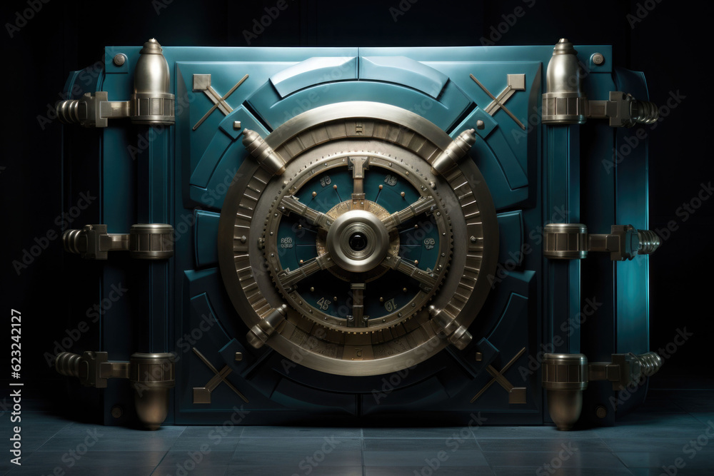 Front view of closed bank vault door. Generative AI Front view of closed bank vault door. Generative AI