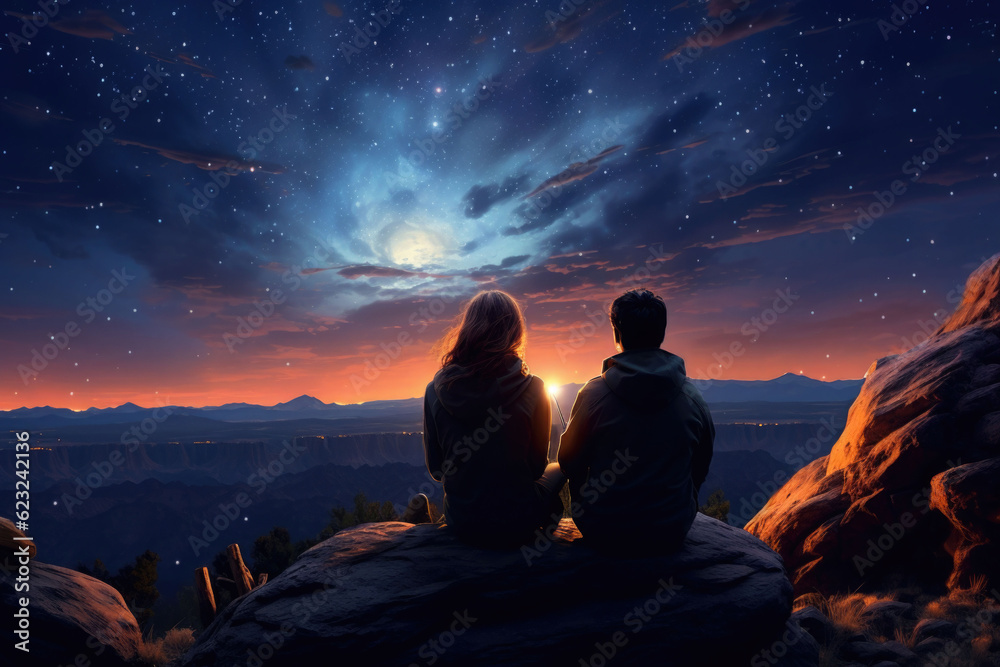 Couple sitting by the campfire in the desert under the big starry sky. Generative AI