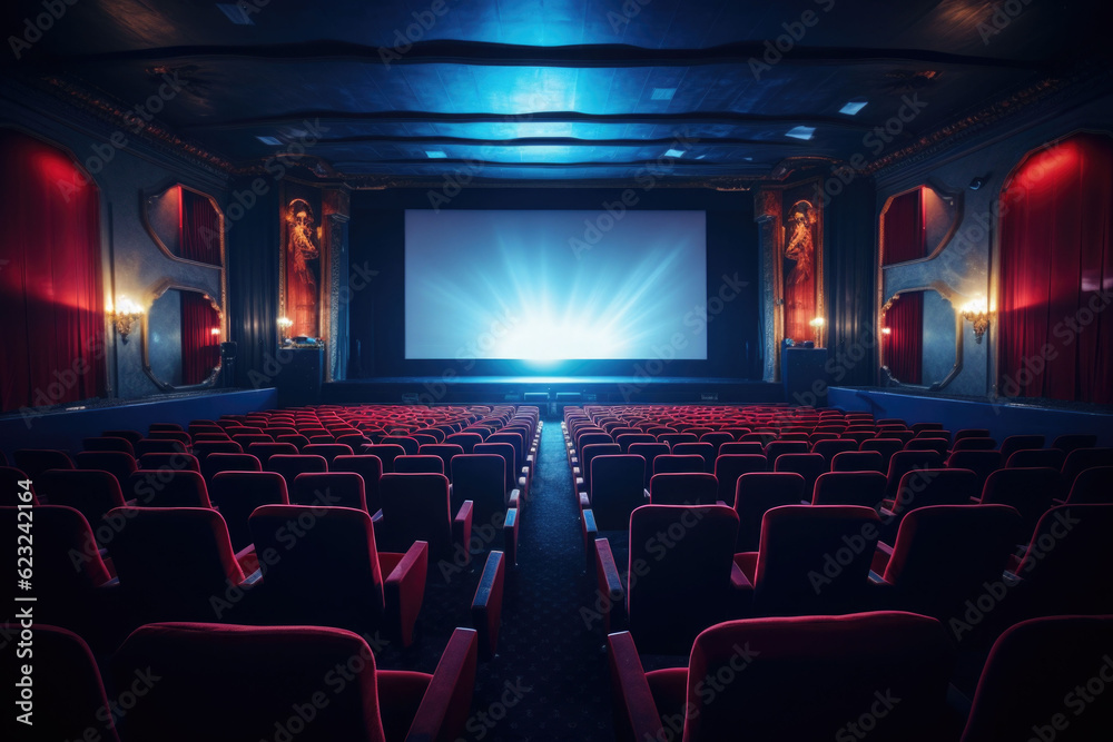 Empty modern movie theatre interior with screen and seats. Generative AI Empty modern movie theatre interior with screen and seats. Generative AI