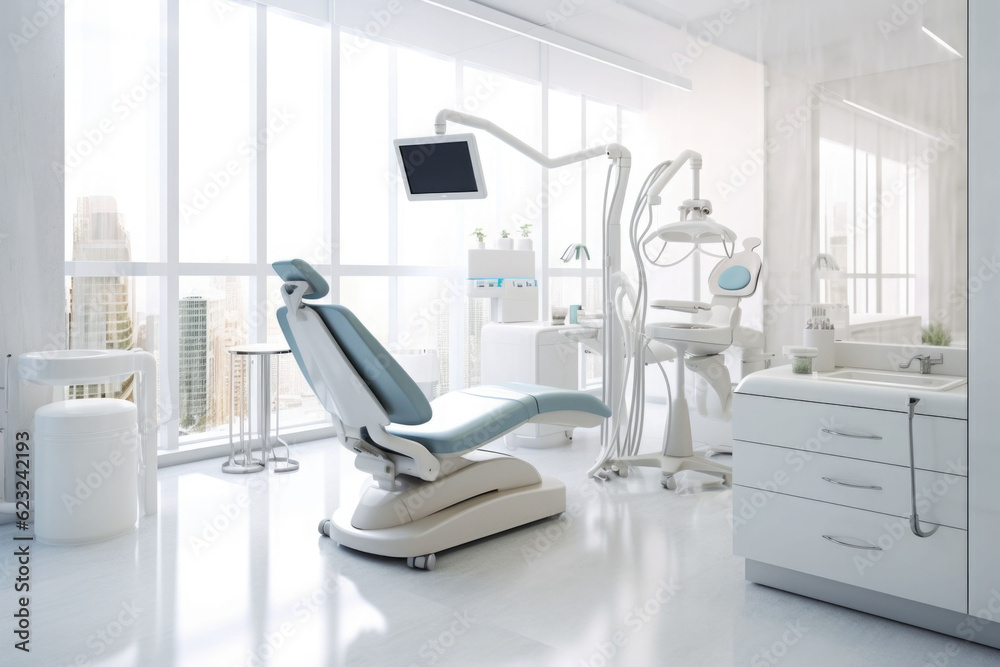 White interior of room with medical equipment in dental clinic. Stomatology cabinet. Generative AI White interior of room with medical equipment in dental clinic. Stomatology cabinet. Generative AI