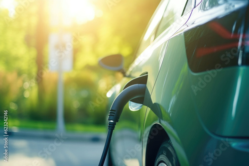 Electric car at charging station with the power cable supply plugged in. Generative AI