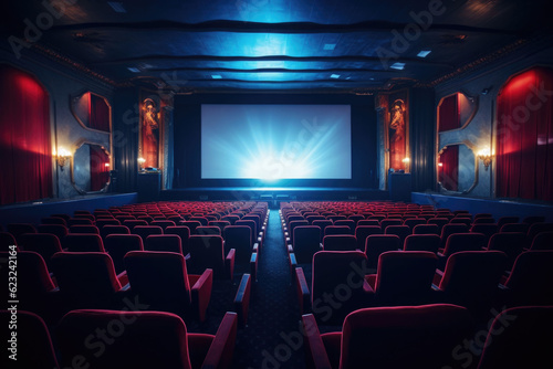 Empty modern movie theatre interior with screen and seats. Generative AI