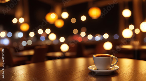 A cup of tea or coffee on a table in a bar or restaurant with a defocused background and bokeh effect