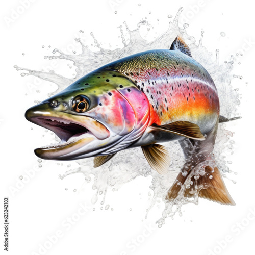 Rainbow trout jumping up and splashing on white background. Generative AI