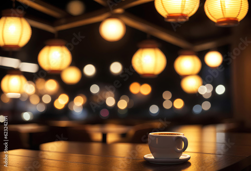 A cup of tea or coffee on a table in a bar or restaurant with a defocused background and bokeh effect