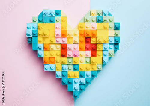 Children's colorful blocks arranged to form a heart shape on a pastel minimal background. Cheerful and optimistic colors. Love is a game. Generative AI.