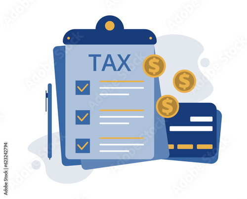 Income tax filing, financial charge, obligatory payment calculating. Calculate revenue and filling tax form. Vector, design element.
