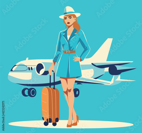 Vector flat illustration of a commercial airline stewardess with an airplane in the background. Baggage. Flat design, vector cartoon. Vintage retro