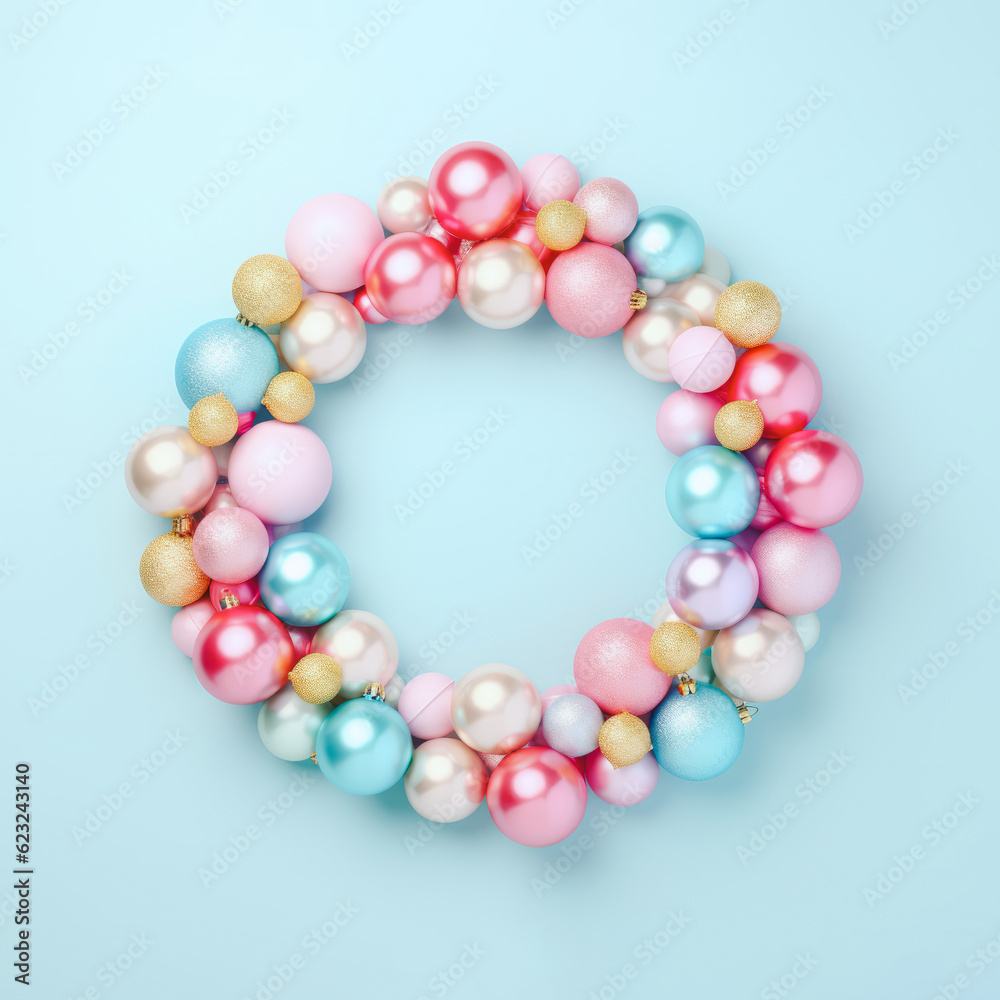 Flatlay composition with a wreath of colorful shiny New Year's decorations. Generative AI. Flatlay composition with a wreath of colorful shiny New Year's decorations. Generative AI.
