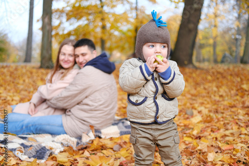 Family weekend. Young parents with their little son spend time together in the autumn park. The child eats an apple  the parents look at him and smile