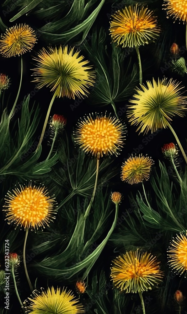 Obraz premium Beautiful Dandelion flowers in a botanical pattern, growing in yellow, white, and orange colors.
