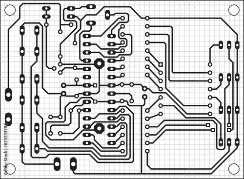 Electric background. Vector pcb pattern. 
Printed circuit board of an electronic 
device with
conductors and contact pads placed on it. 
Engineering drawing with grid.