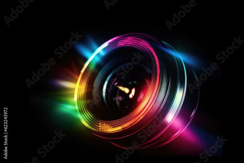 Lens flare bokeh chromatic abberation effect on black background, overlay futuristic bladerunner style lens blur