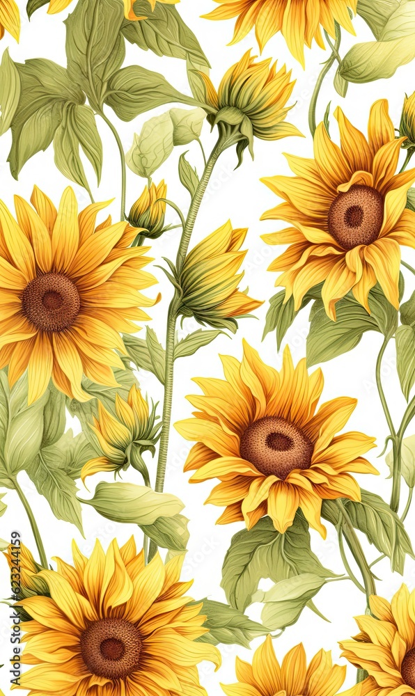 Beautiful sunflowers in a pretty floral botanical pattern