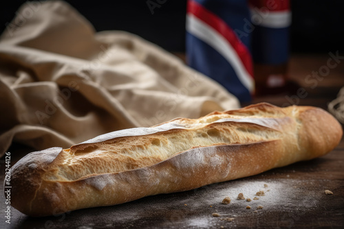 Fresh baguette with french flag in background