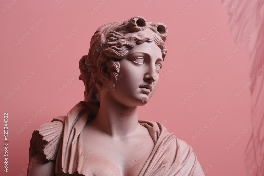 Female statue on pink background, beautiful stone greek female statue on pink backdrop