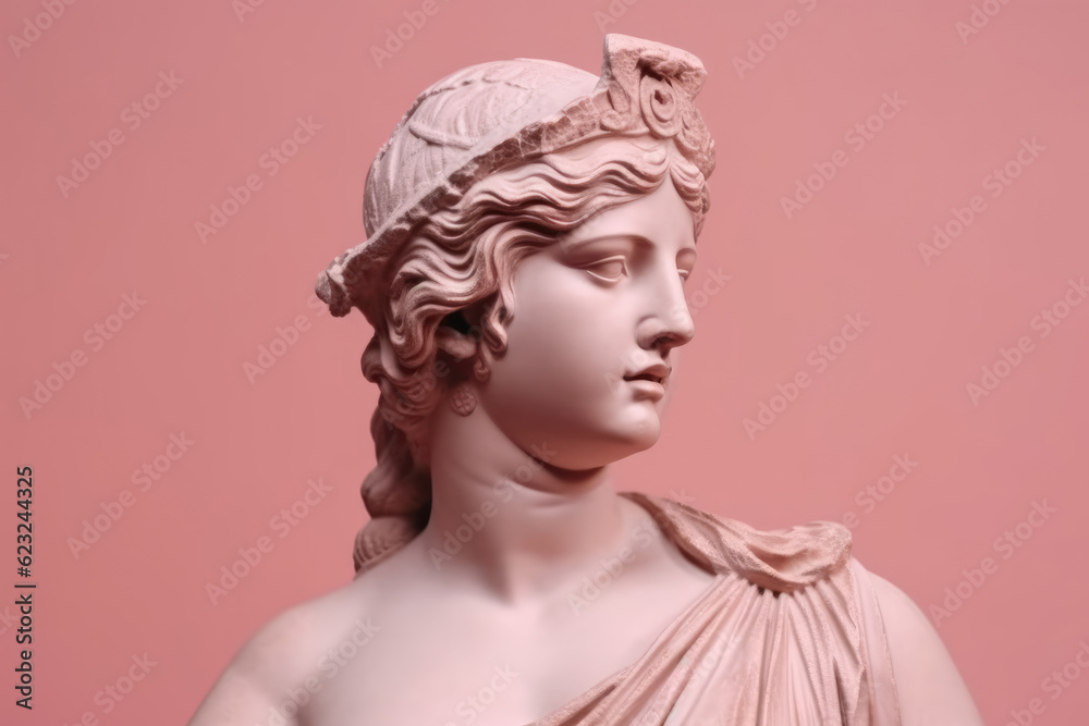 Female statue on pink background, beautiful stone greek female statue on pink backdrop
