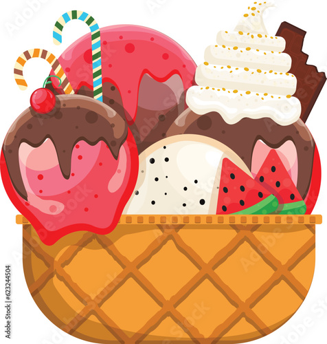 Vector illustration delicious colorful ice cream waffle cone. Many flavors of ice cream scoops waffle cone. on white background. The idea for poster, product, t-shirt. Vector icon ice cream cone.