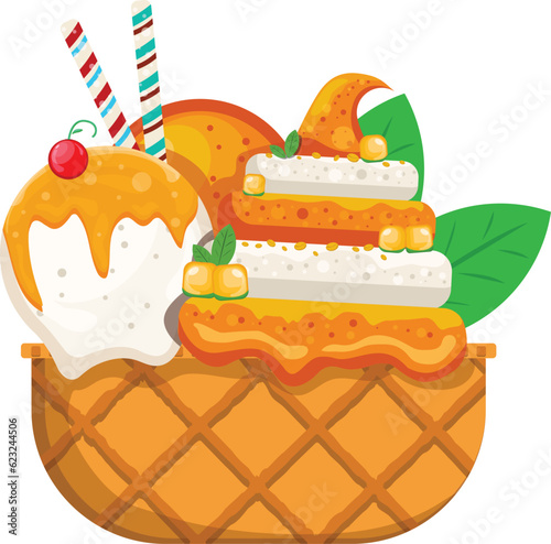Vector illustration delicious colorful ice cream waffle cone. Many flavors of ice cream scoops waffle cone. on white background. The idea for poster, product, t-shirt. Vector icon ice cream cone.