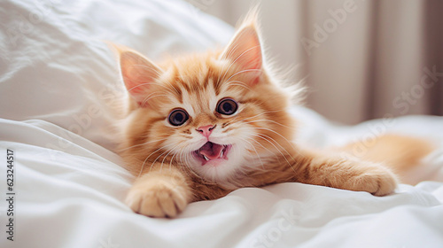 Cute ginger maine coon kitten lying on bed and yawning. selective focus. 