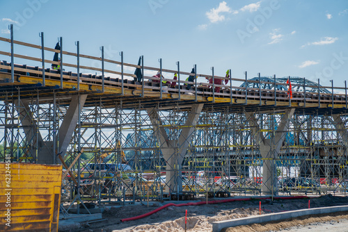 Bridge building construction site in city centre in Riga, Latvia