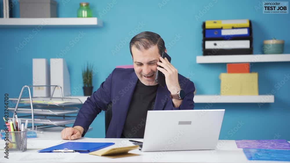 Happy businessman using phone laughing. Happy businessman using phone laughing.
