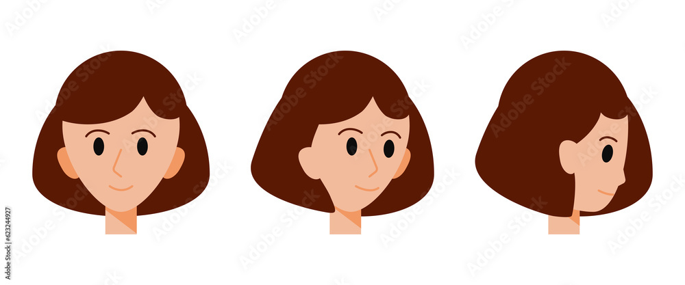 Head of a brown-haired girl. Front and side view. Avatar of a smiling young woman with a short haircut. The face of a cute character. Portrait of a human. Flat style. Vector illustration. Head of a brown-haired girl. Front and side view. Avatar of a smiling young woman with a short haircut. The face of a cute character. Portrait of a human. Flat style. Vector illustration.