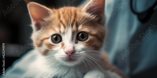 portrait of a cute red kitten in stripes in the hands of a veterinarian. close-up. Ai generated 