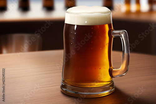 illustration of beer mug on table in warm colors, generative ai