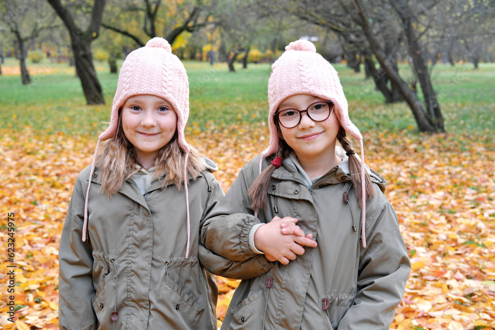 Two twin girls in autumn jackets and pink hats smile and look at the camera. Girls walking in the autumn park Two twin girls in autumn jackets and pink hats smile and look at the camera. Girls walking in the autumn park