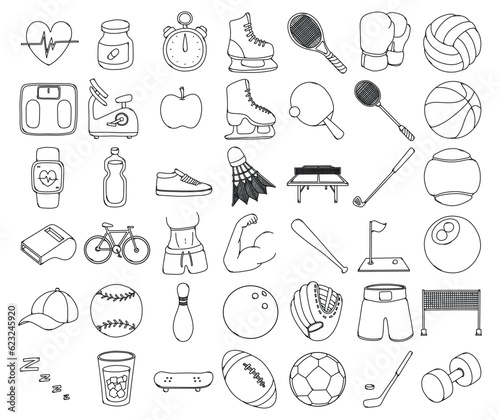 Sport Related Doodle vector icon set. Drawing sketch illustration hand drawn line eps10