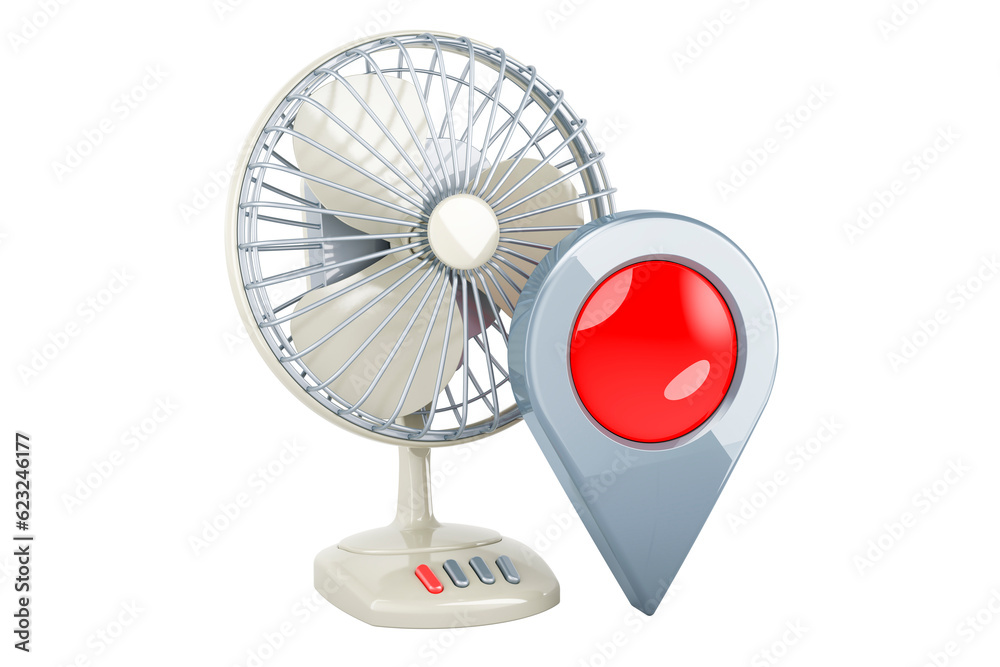 Table fan with map pointer. 3D rendering Table fan with map pointer. 3D rendering