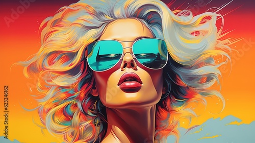 Psychedelic art  girl with glasses  pop art style  retro glamor. Generative AI