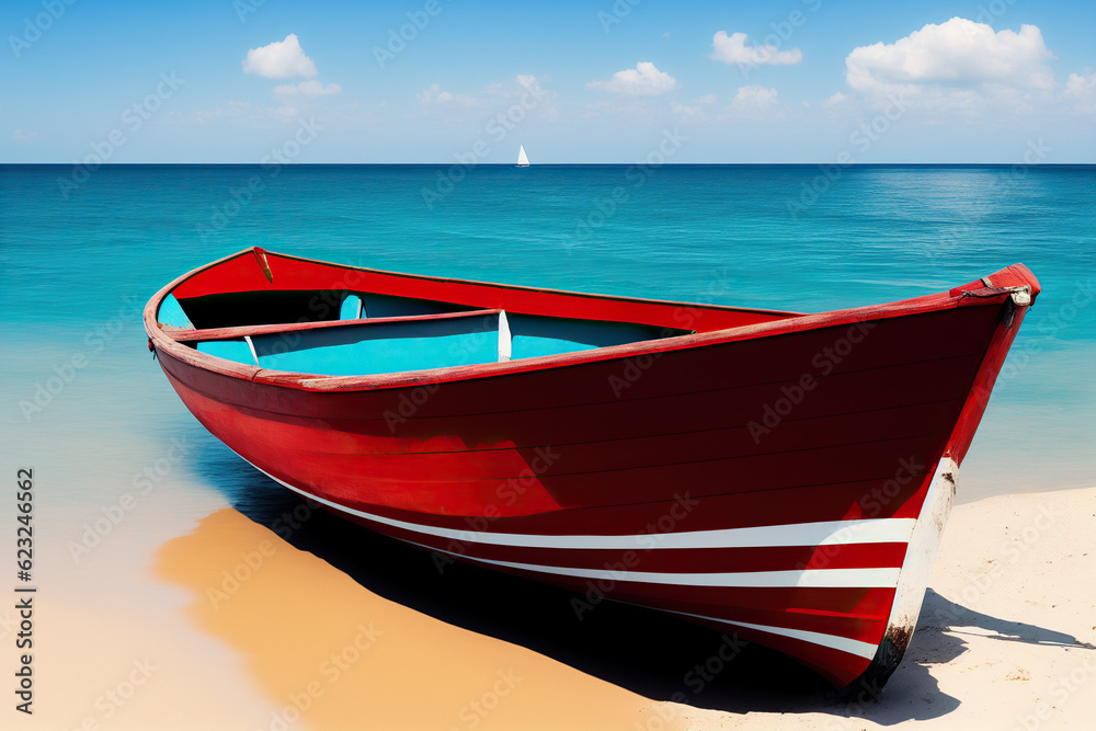 Naklejka premium Scarlet Voyager: Enchanting Illustration of a Red Wooden Fisher Boat on the Coastal Shores