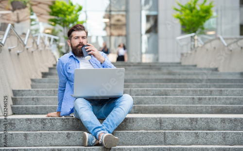 freelancer man has communication at coffee break, banner. freelancer man has communication